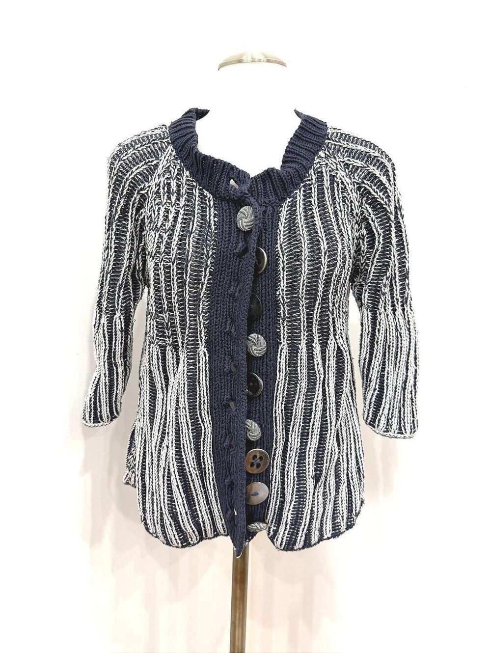 Pure Handknit Women's Navy and White Striped Cotton Cardigan XS